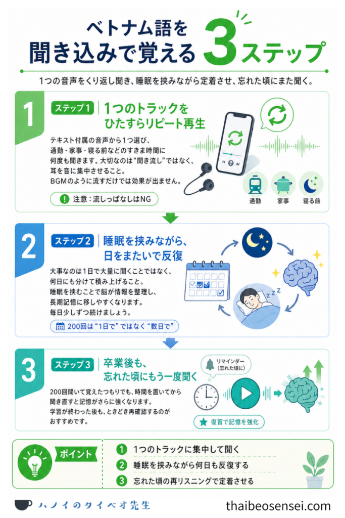 ベトナム語を聞き込みで覚える3ステップ（1.リピート再生、2.睡眠を挟んだ反復、3.忘れた頃の再リスニング）をまとめたインフォグラフィック。効率的な記憶の定着フローを示しています。
