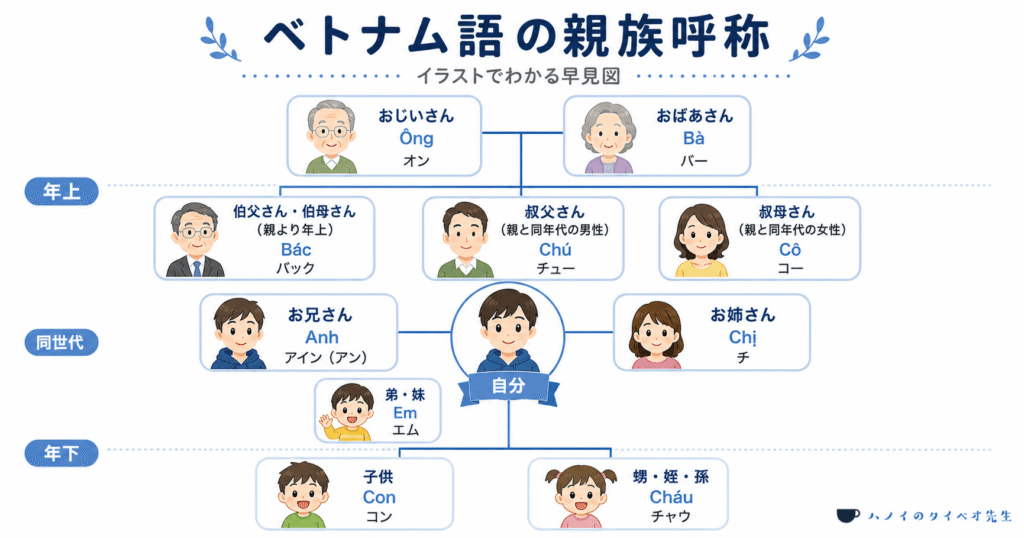ベトナム語の親族呼称(Ông/Bà/Bác/Chú/Cô/Anh/Chị/Em/Con/Cháuなど)を、自分を中心とした家系図のイラストで分かりやすくまとめた早見図