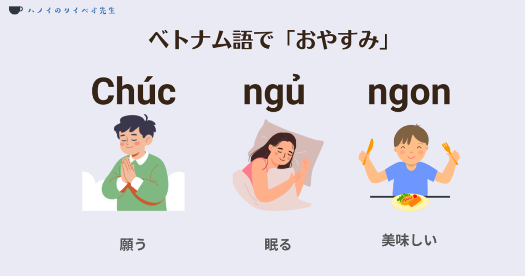 ベトナム語の「おやすみなさい(Chúc ngủ ngon)」の語源を解説する図解画像。Chúc(願う)、ngủ(眠る)、ngon(美味しい)という各単語の意味を、イラストとともに分かりやすく説明しています。