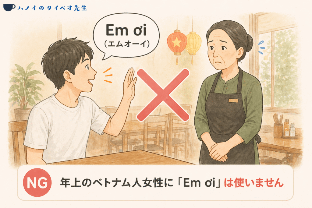 自分より明らかに年上の店員や年配の女性に対して「Em ơi（エムオーイ）」と呼ぶのはNGであることを示す解説イラスト。マナー違反となる年齢差や状況の注意喚起。