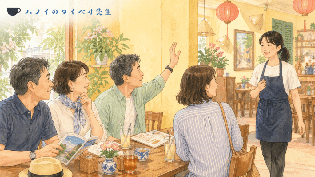 レストランで店員を呼ぶために「Em ơi（エムオーイ）」と声をかける男性のイラスト。ベトナムの飲食店で最も一般的かつスムーズなコミュニケーションの様子。