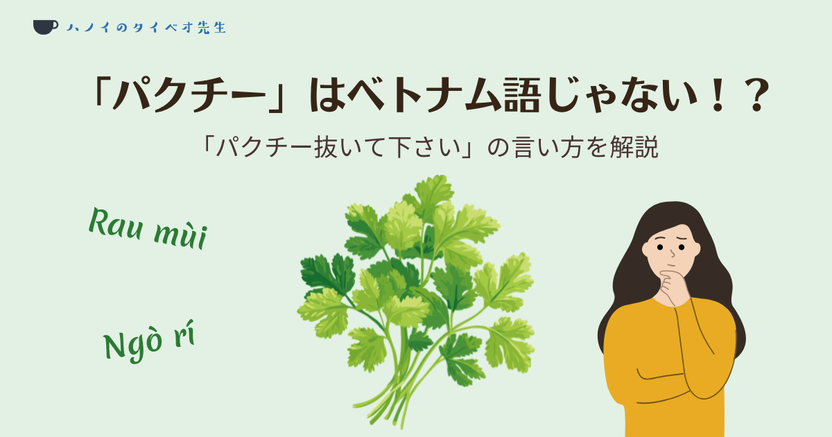 『パクチー』はベトナム語じゃない！？『パクチー抜いて下さい』の言い方を解説、の文字が入ったアイキャッチ画像。パクチーのイラストと、考え込む女性のイラスト