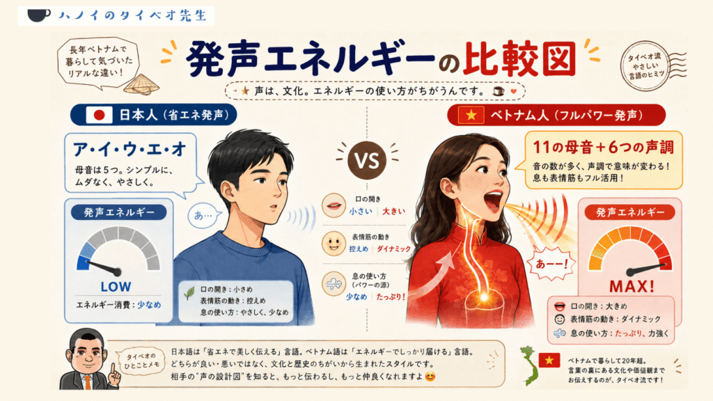 日本語とベトナム語の発声エネルギーの比較図。口元をあまり動かさない日本語に対し、ベトナム語は顔の筋肉をフル稼働させ喉を締めて発音するため構造的に声が大きくなる理由を図解。