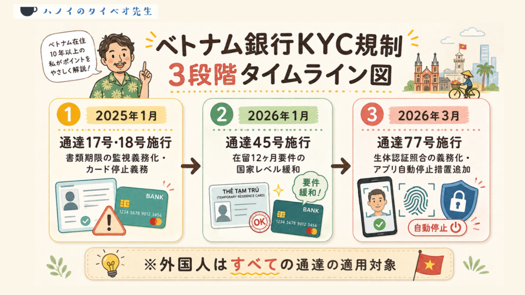 ベトナム国家銀行が2025〜2026年に施行した通達17号・18号・77号の規制内容と施行日を示すタイムライン図。外国人の銀行口座KYC管理に影響する3段階の規制強化の流れ。