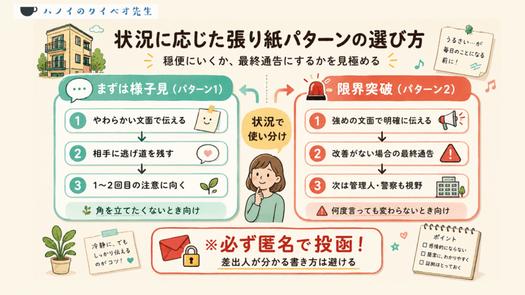 状況に合わせたベトナム語の警告張り紙2パターンの使い分けと、匿名投函の重要性を示す図解