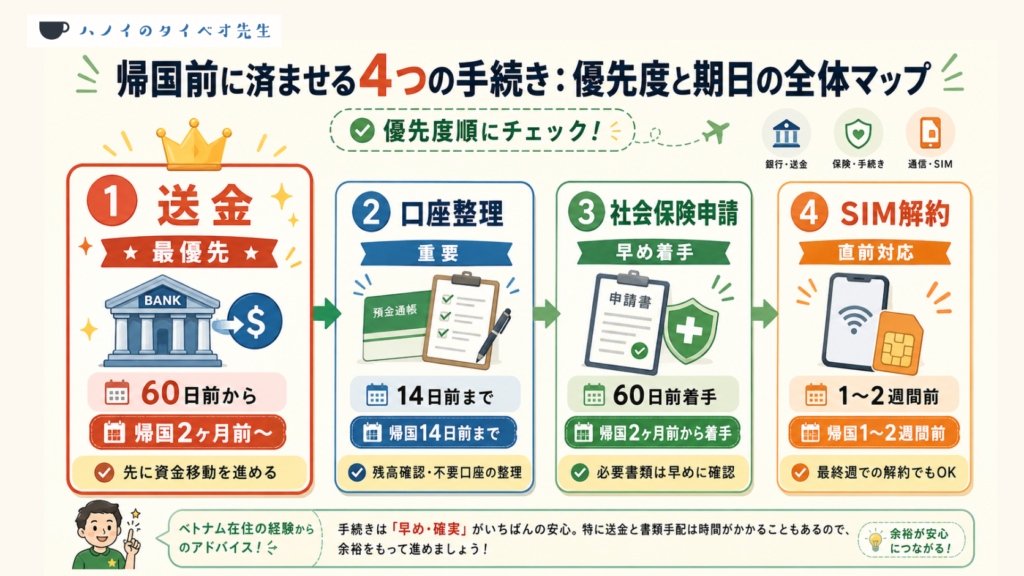 ベトナム帰国前に外国人が済ませるべき4つの手続きの優先度と期日の目安をまとめた全体マップ。残高送金・口座閉鎖・社会保険一時金申請・SIM解約の順番と期日を視覚化した帰任者向け帰国準備ガイド図。
