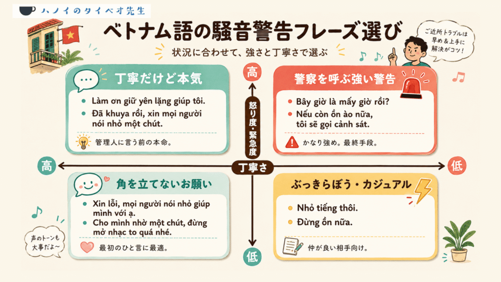 怒り度と丁寧さに合わせたベトナム語の騒音警告フレーズの選び方マトリクス図