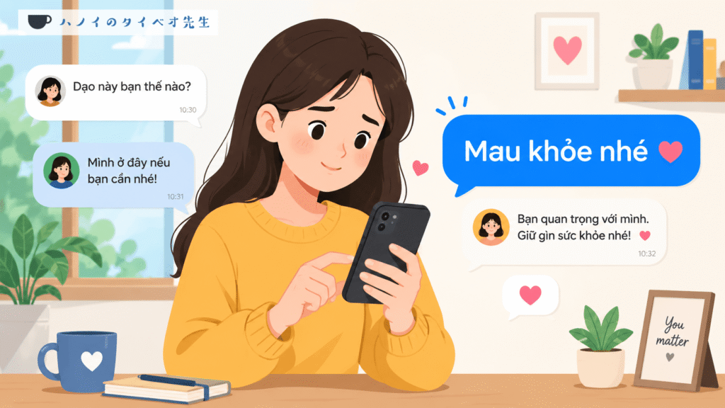 スマホで心配そうにお見舞いメッセージを送るイラスト