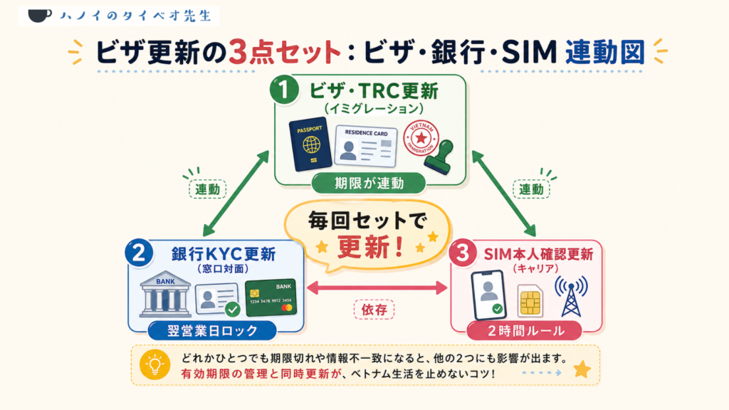 ベトナム在住外国人がビザ更新時に必ず行うべき3つの手続き(ビザ更新・銀行KYC更新・SIM本人確認更新)が連動していることを示す図。3点セットで更新する習慣を定着させるための関係図。