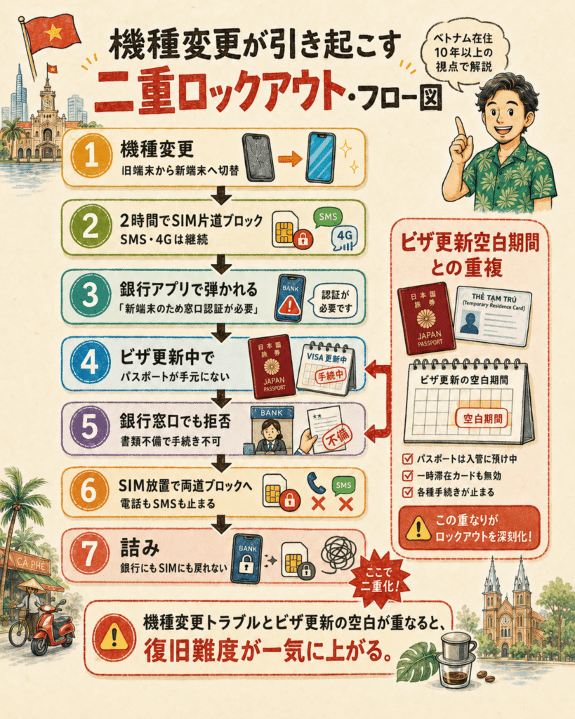 ベトナムでスマホを機種変更した後にSIMカードの生体認証が間に合わなかった場合に起きる連鎖(SIM停止→OTP受信不可→銀行口座アクセス不能)とビザ更新空白期間との重複による二重ロックアウトを示すフロー図。