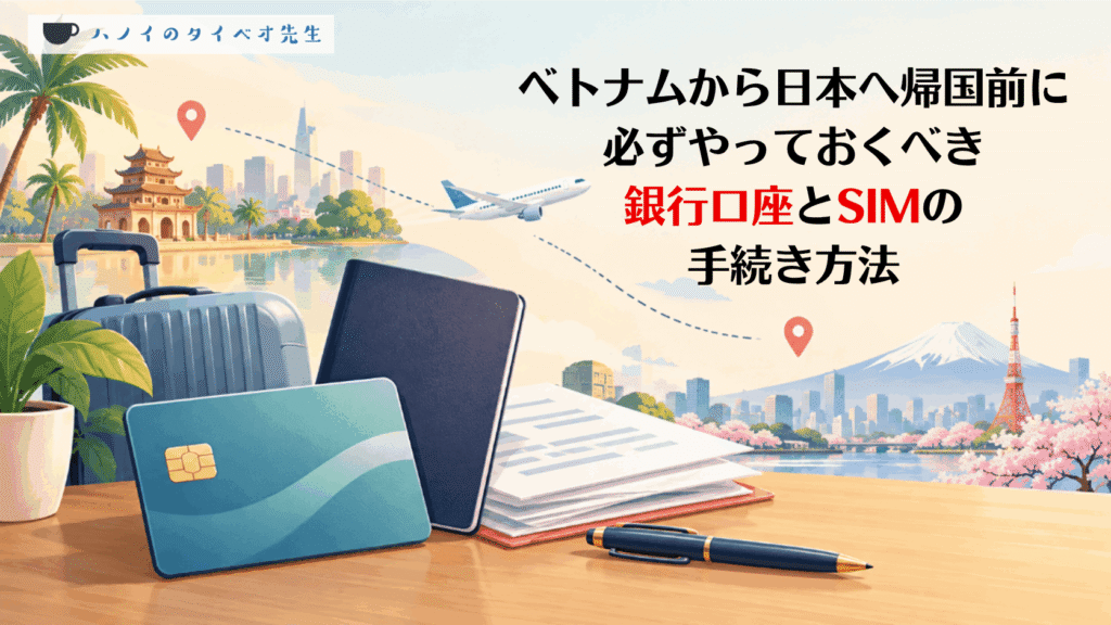 ベトナムから日本への帰国と銀行口座の整理を表すイラスト