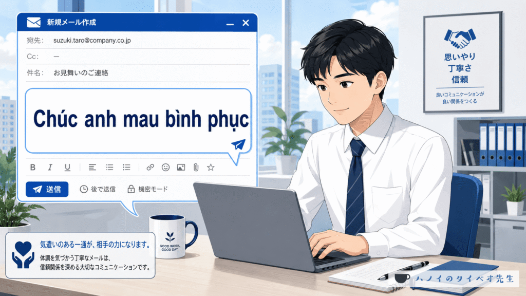 オフィスのデスクから上司に丁寧なお見舞いメールを送る日本人社員