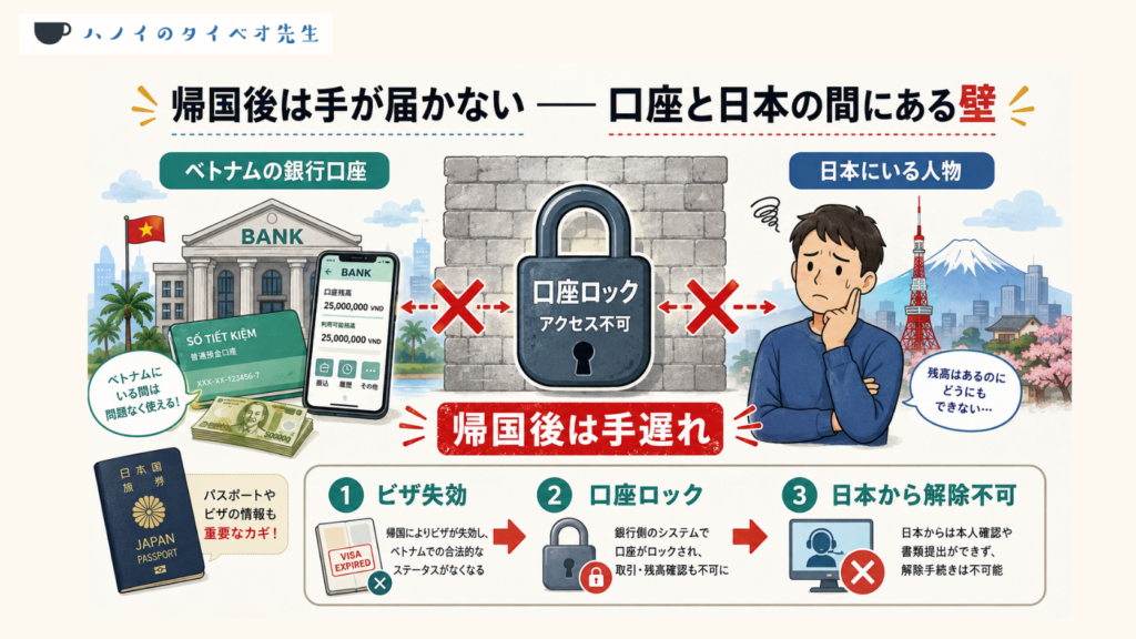 ベトナムから帰国した帰任者が帰国後に銀行口座にアクセスできなくなる理由を視覚化した図。ビザ失効・口座ロック・日本からの解除不可という3つの壁を示す帰任者向け銀行手続きの警告図。