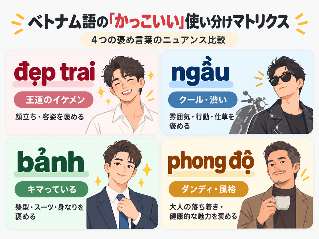 ベトナム語で男性を褒める「かっこいい」の表現4選（đẹp trai, ngầu, bảnh, phong độ）の使い分け比較表