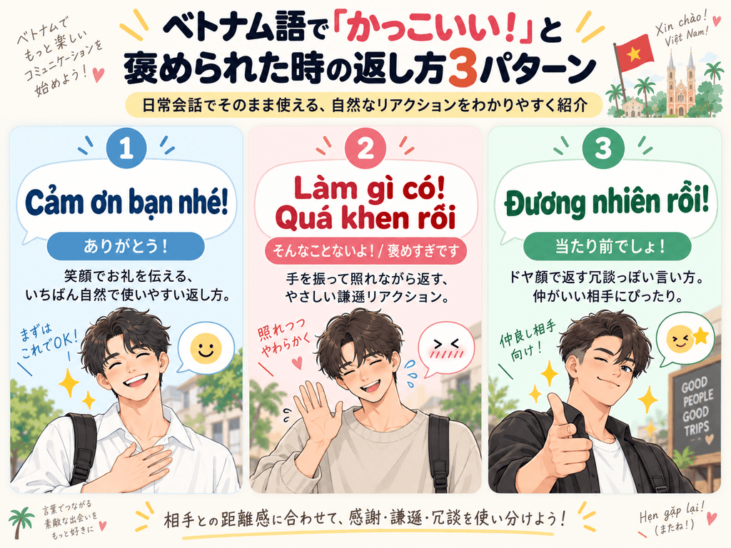 ベトナム語で褒められた時の返答フレーズ3パターン（感謝・謙遜・冗談）の解説図
