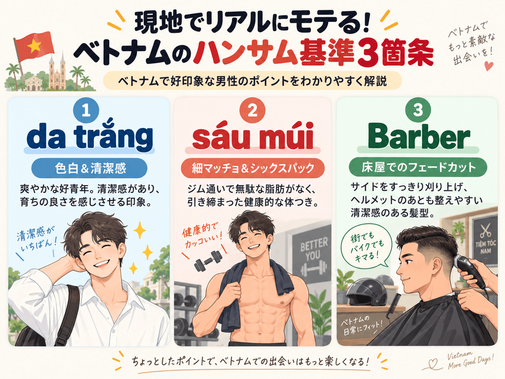 ベトナムのモテる男性の基準（色白・清潔感、細マッチョなシックスパック、床屋でのフェードカット）まとめ図解
