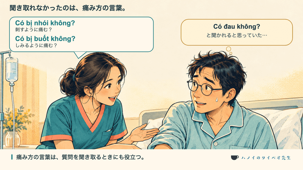 点滴中にnhóiやbuốtを含む質問をされ、意味が分からず戸惑った場面の解説イラスト