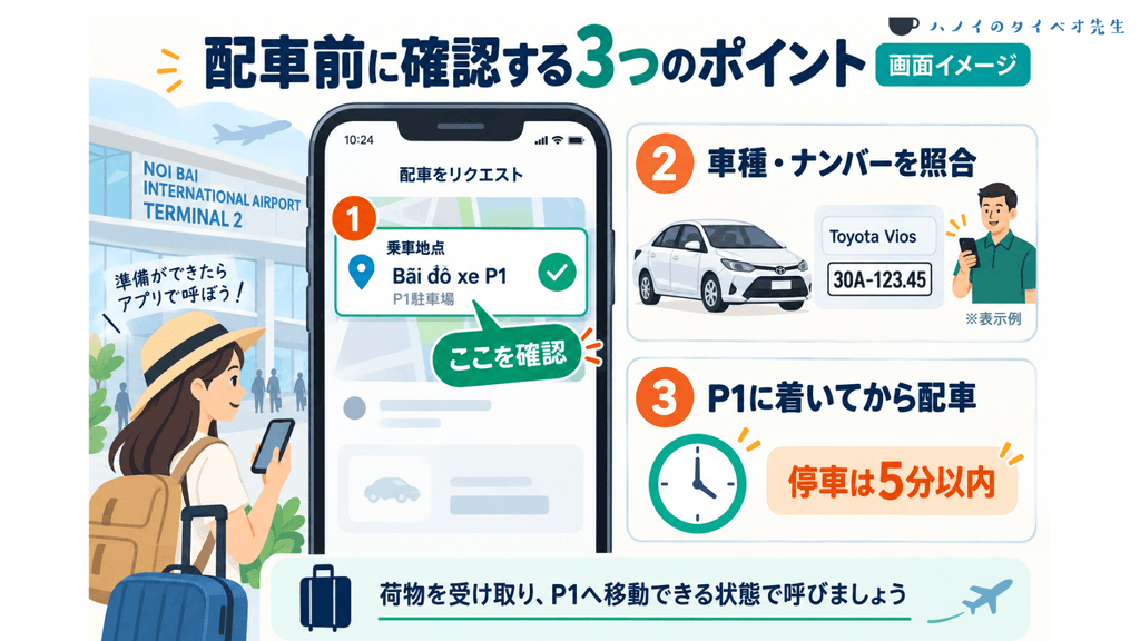 Grabアプリでノイバイ空港P1を指定した画面